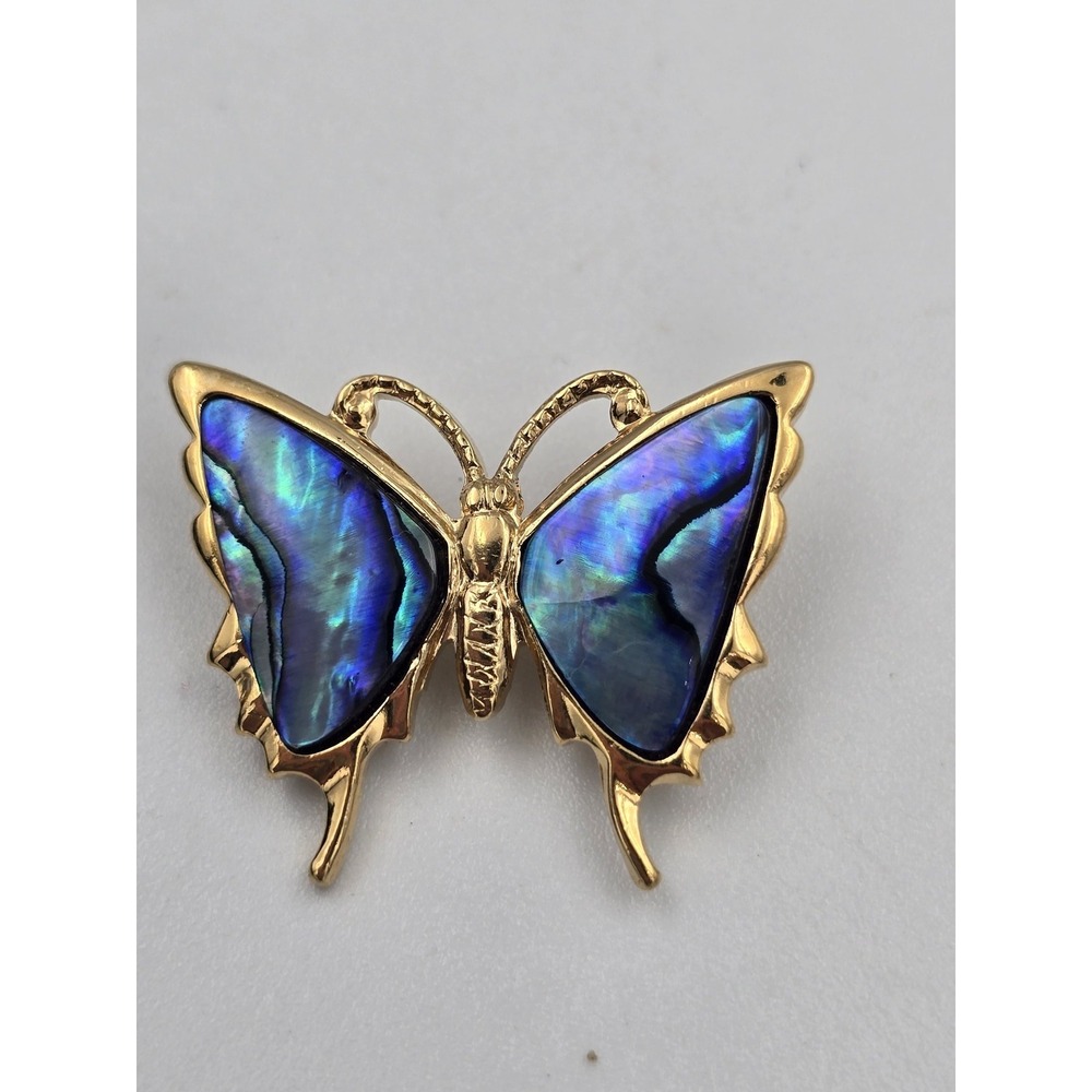 Vibrant Blue Green Paua Abalone Shell Butterfly Brooch Pin Gold Tone Filled